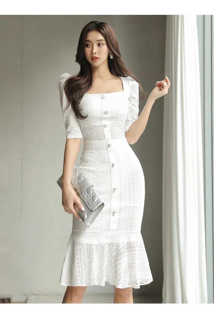 Aiertu Summer New 2-piece Square Collar Double-breasted Top  Fashion Cutout Lace Fishtail Skirt Casual Women Suit Skirt