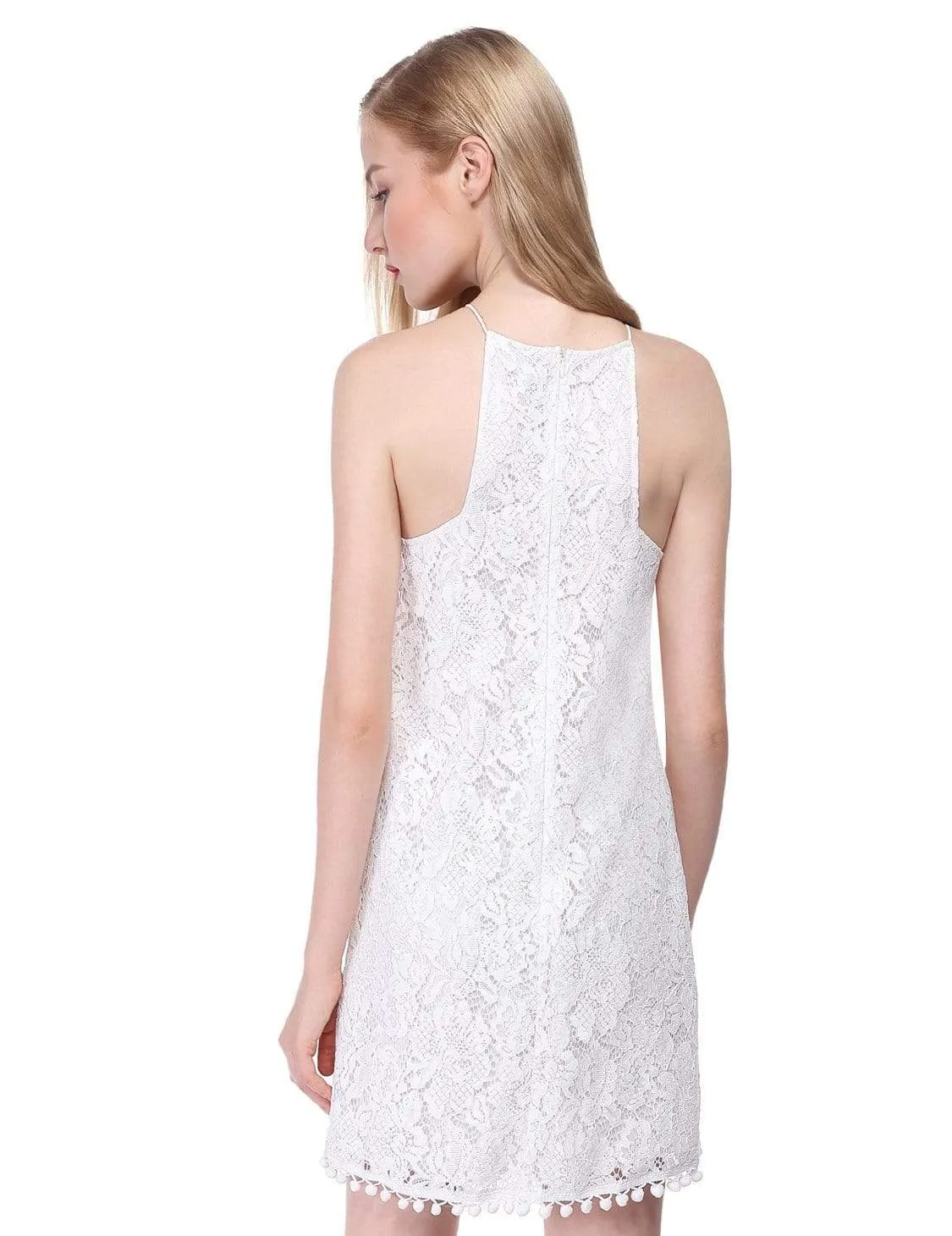 Alisa Pan Halter Lace Shift Dress with Pom Poms