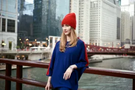 Blue with Red Stripe Cashmere Poncho