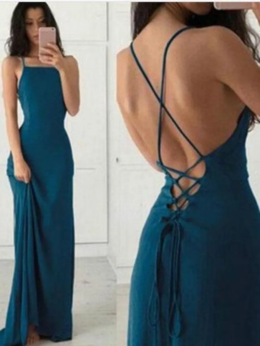 Cheap Prom Dresses Sheath Spaghetti Straps Long Prom Dresses Sexy Evening Dresses Backless Formal Dresses