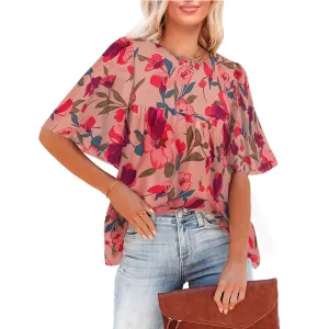 Floral Printed Boho Style Chiffon Summer Fashion Short Sleeve Loose Casual Streetwear Blouse for Women