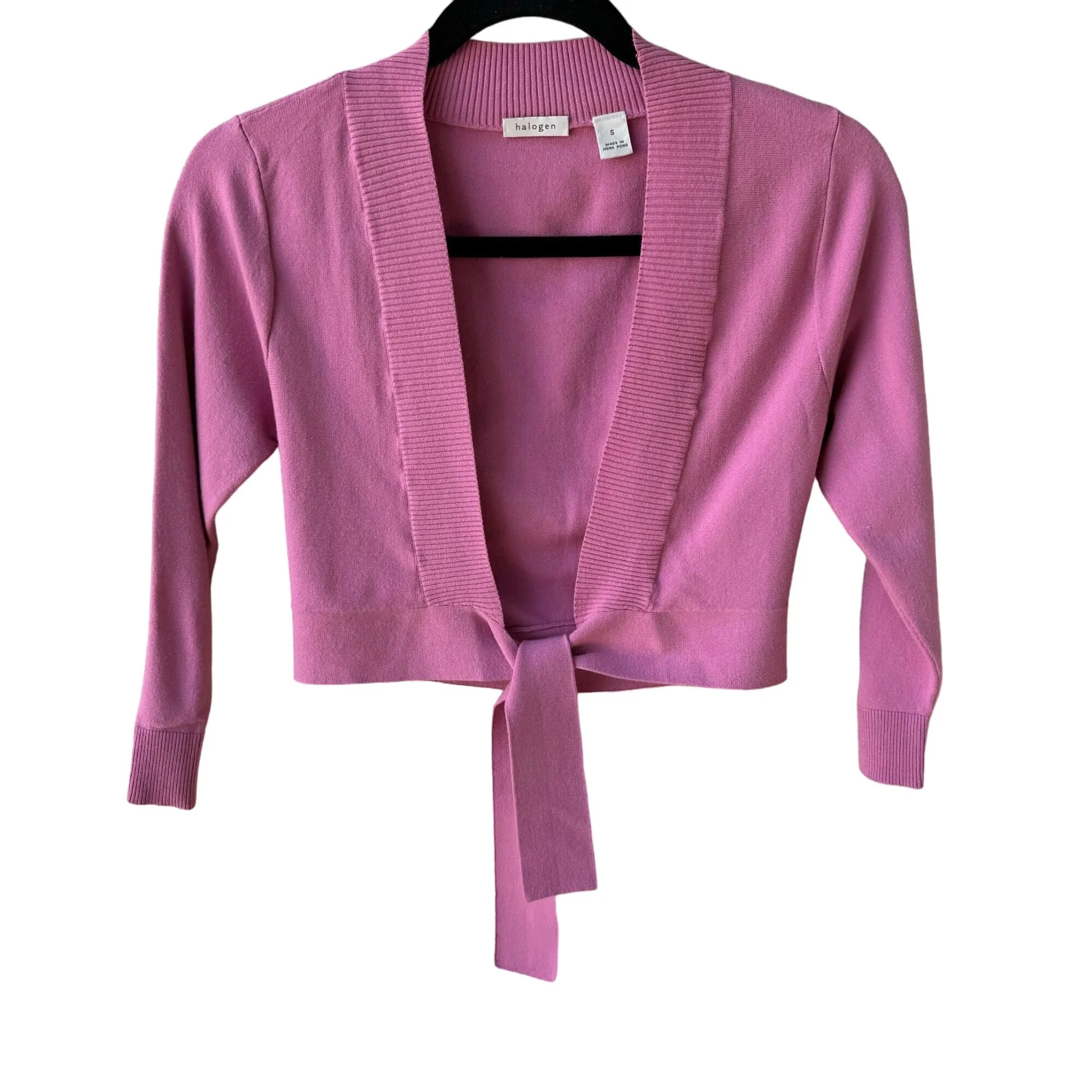 Halogen Womens Pink Cropped Tie Waist Knit Long Sleeve Cardigan Sweater - Small