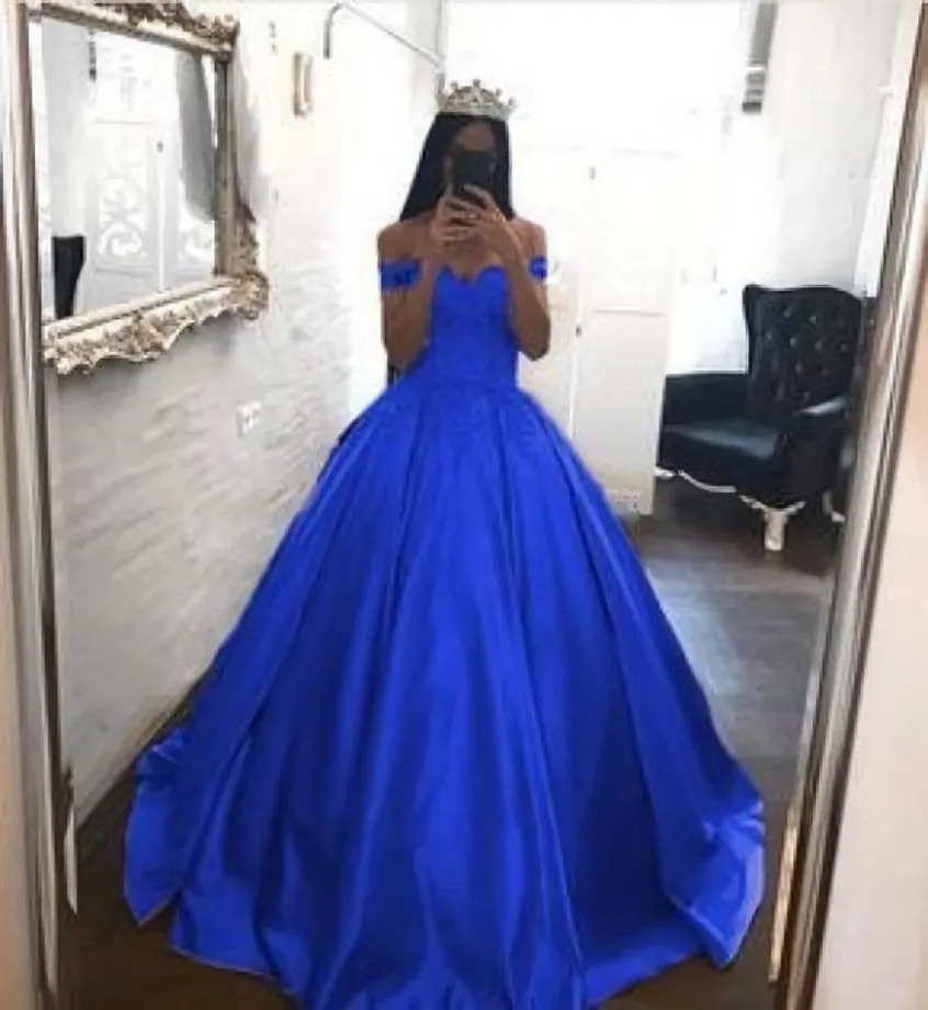 kamahe Royal Blue Prom Dresses Satin,Off the Shoulder Appliqued Quinceanera Dresses Sweep Train