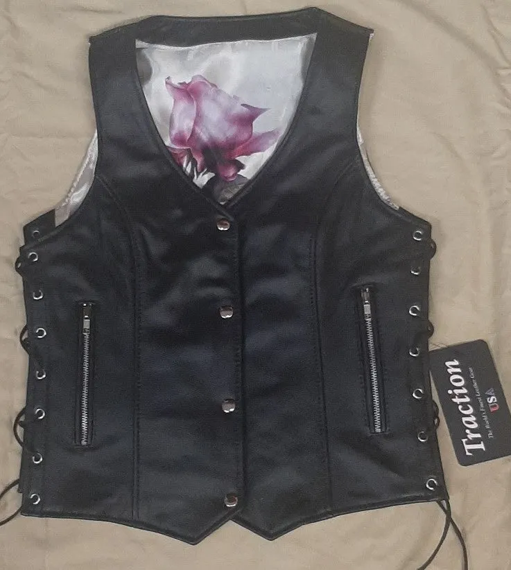 Ladies Leather Biker Vest with White Rose Lining 268