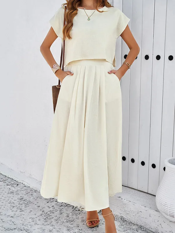 Loose Solid Color Round-Neck T-Shirt Top   Pleated Pockets A-Line Skirts Bottom Two Pieces Set