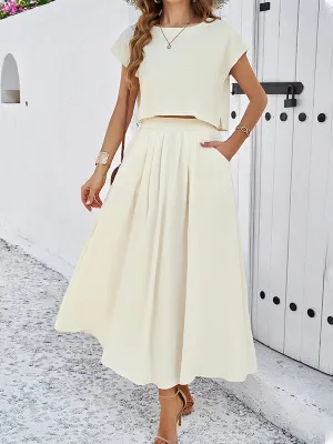 Loose Solid Color Round-Neck T-Shirt Top   Pleated Pockets A-Line Skirts Bottom Two Pieces Set