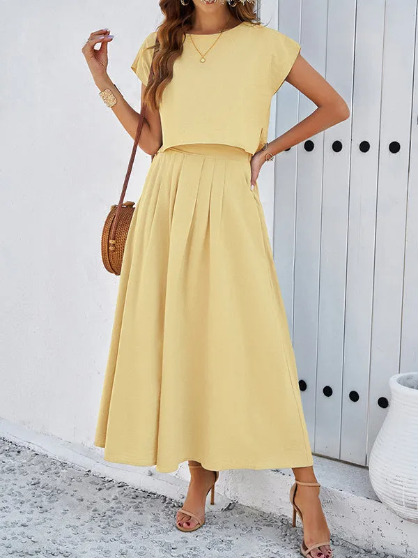 Loose Solid Color Round-Neck T-Shirt Top   Pleated Pockets A-Line Skirts Bottom Two Pieces Set