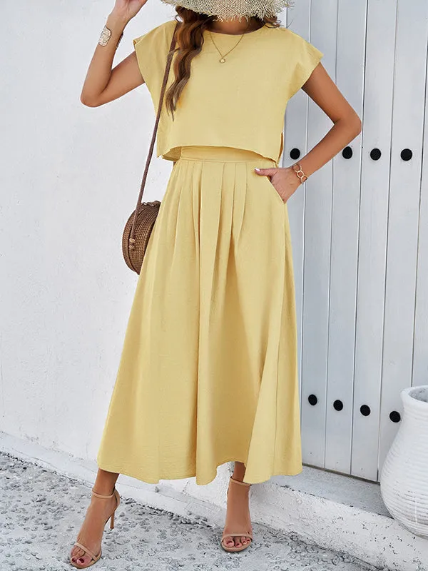 Loose Solid Color Round-Neck T-Shirt Top   Pleated Pockets A-Line Skirts Bottom Two Pieces Set