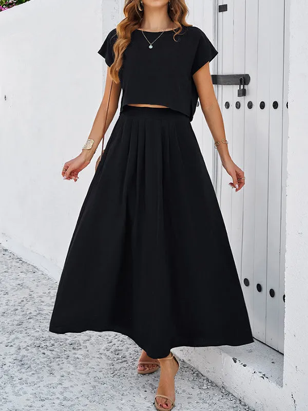 Loose Solid Color Round-Neck T-Shirt Top   Pleated Pockets A-Line Skirts Bottom Two Pieces Set