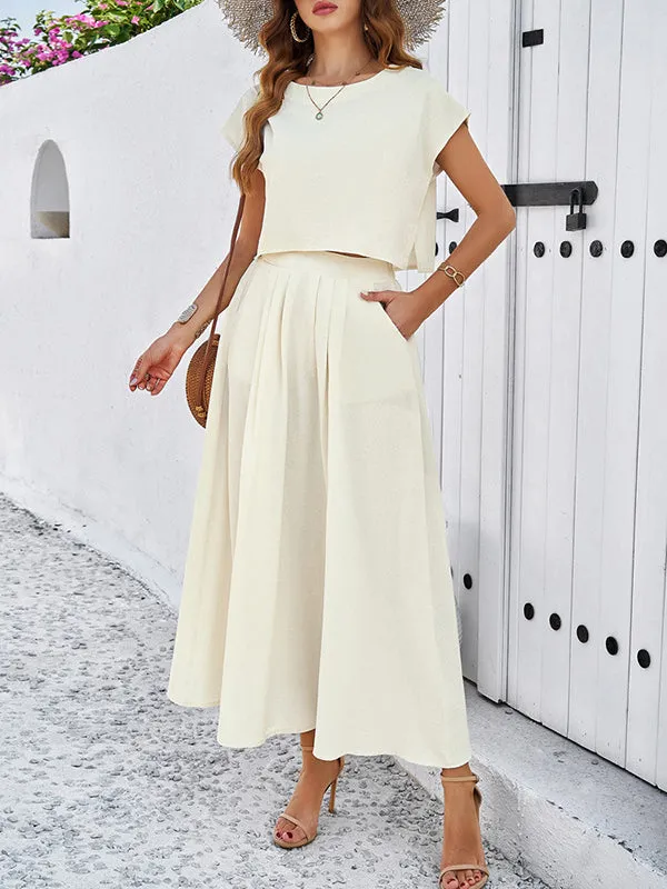 Loose Solid Color Round-Neck T-Shirt Top   Pleated Pockets A-Line Skirts Bottom Two Pieces Set