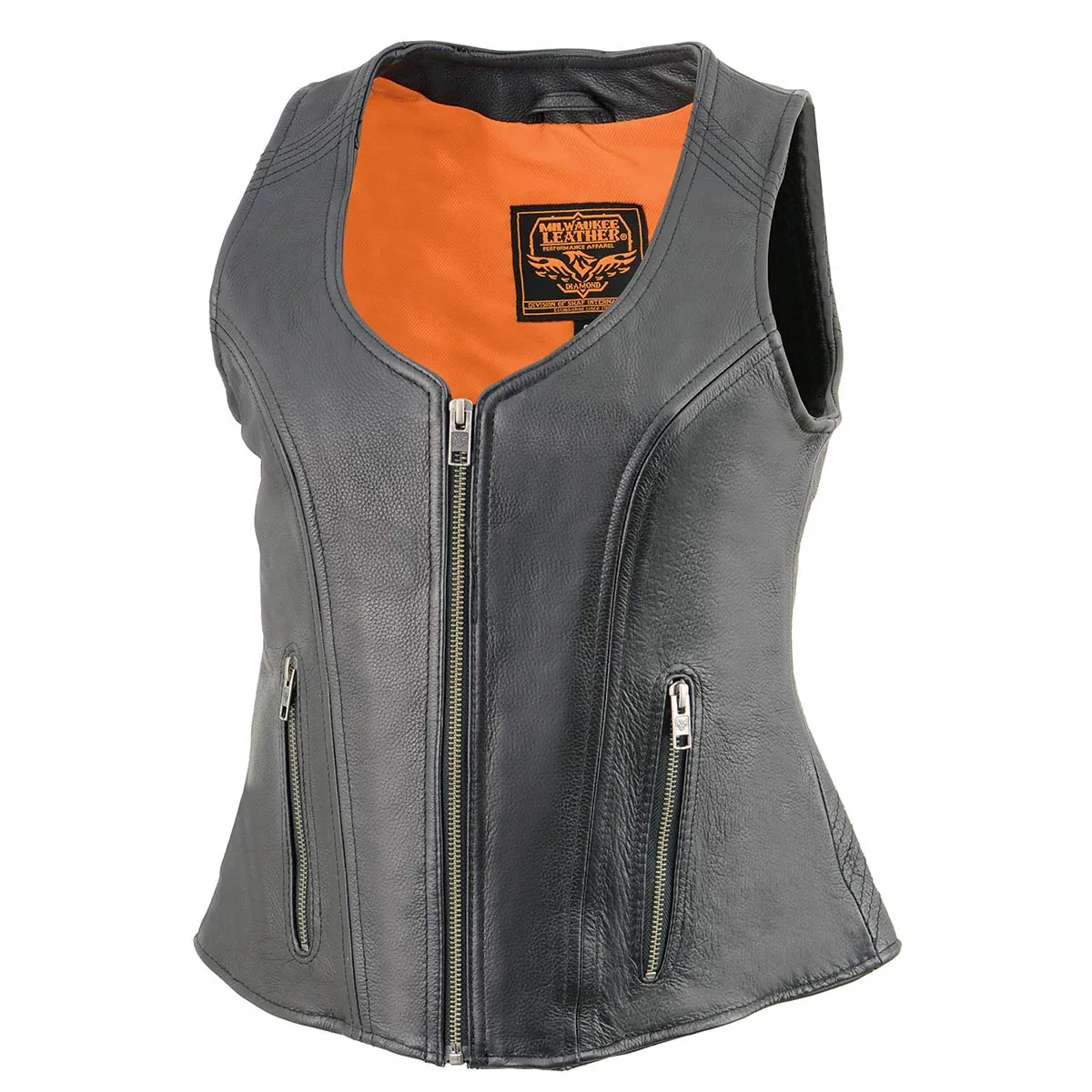 Milwaukee Leather MLL4530 Women's Black Leather Open Neck Motorcycle Rider Vest W/ Front Zip and Stitching detail