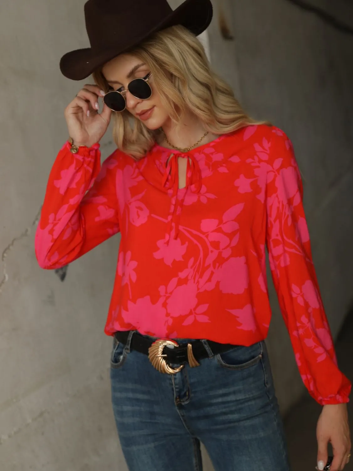 Printed Tie Neck Long Sleeve Blouse