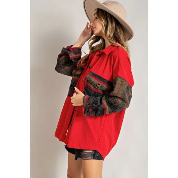 Red Corduroy Aztec Tribal Western Printed Shacket Shirt Jacket