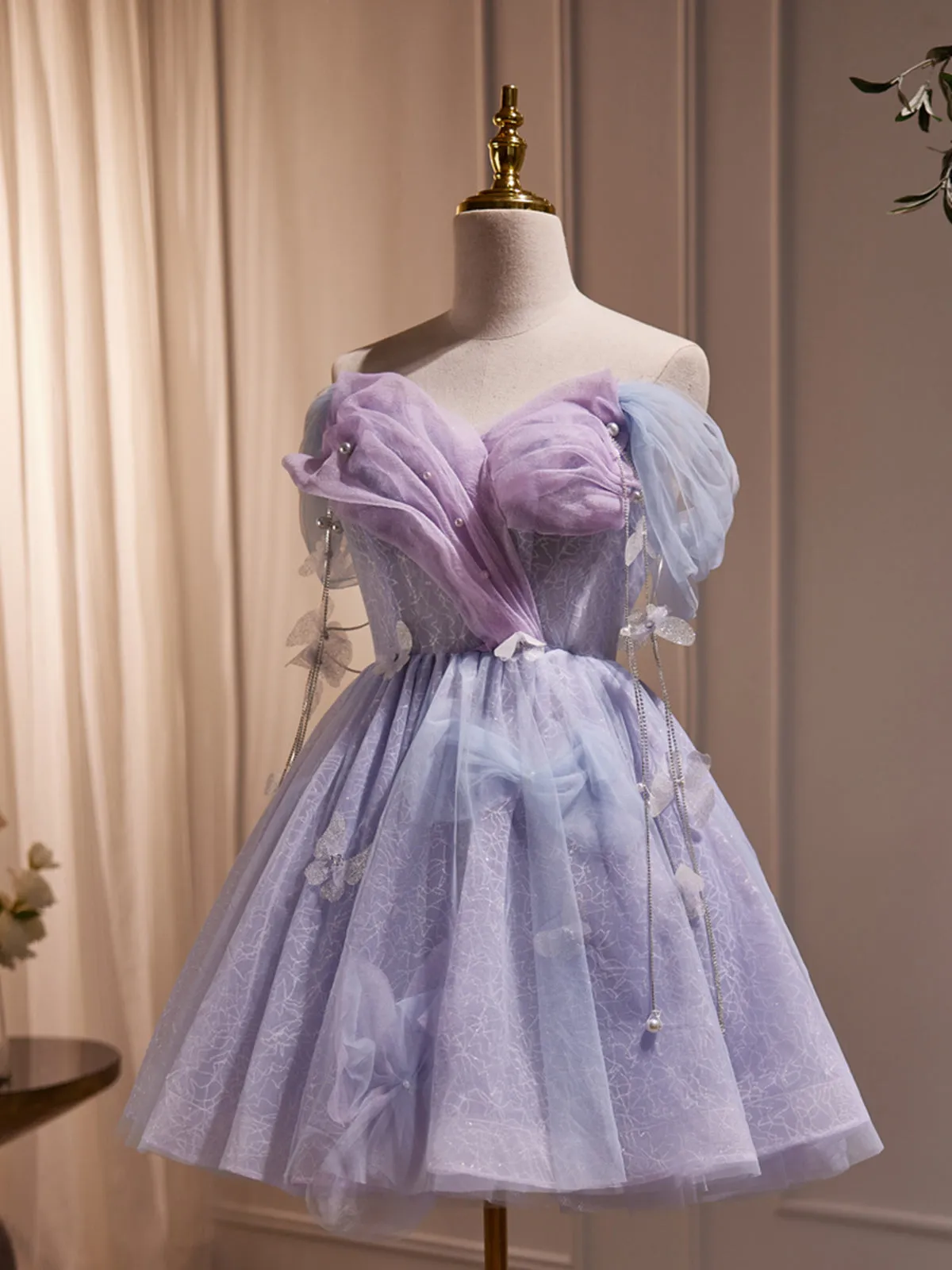 Short Purple Tulle Prom Dresses, Short Purple Tulle Formal Homecoming Dresses