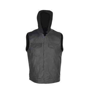 VL914H Zipper and Snap Closure Leather Motorcycle Club Vest with Hoodie and 2 Gun Pockets