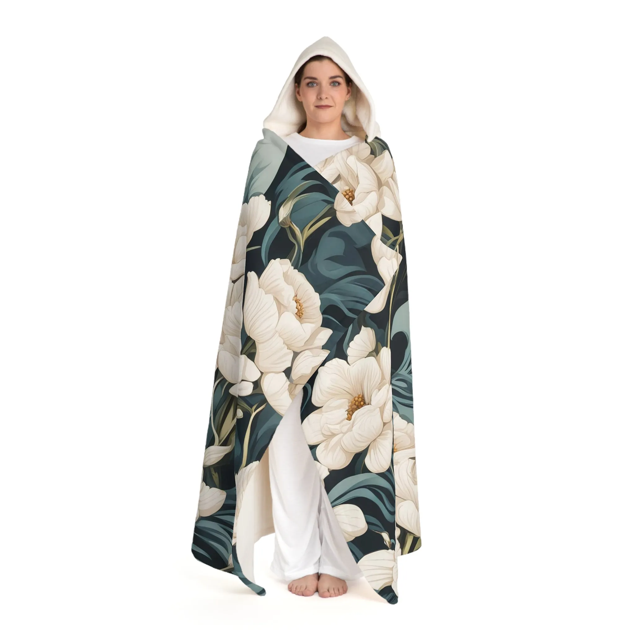 Winter Flowers, Cozy Hooded Sherpa Fleece Blanket